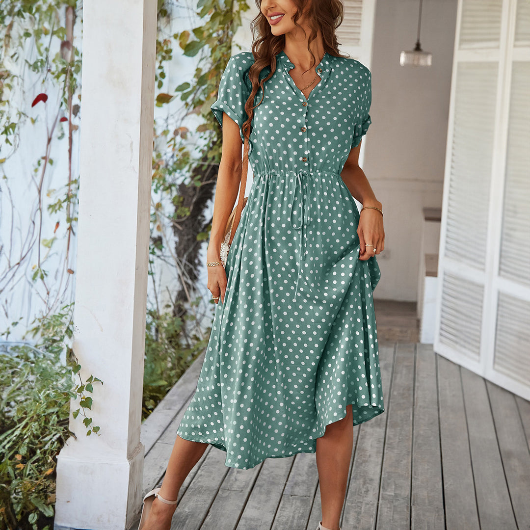 Damen Elegantes Hemdblusenkleid mit tailliertem Design und Polka-Dots EB