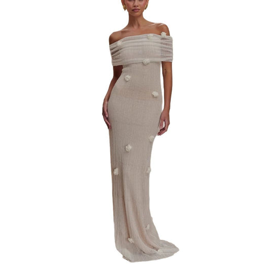 Damen Elegantes Maxikleid mit Off-Shoulder-Design und zarten 3D-Blütenapplikationen EB