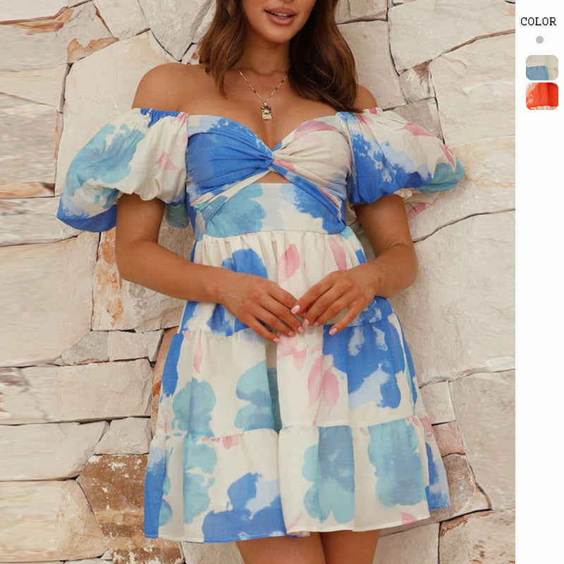Damen Sommerliches Minikleid im floralen Design mit Puffärmeln und geknotetem Ausschnitt EB