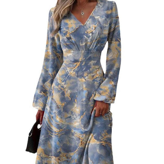 Damen Elegantes langärmliges Kleid mit raffiniertem V-Ausschnitt und floralem Muster EB
