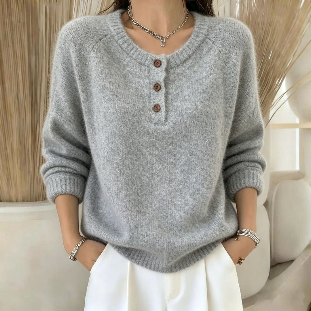 Damen Kuscheliger Rundhals-Henley-Pullover mit Knopfleiste und Raglanärmeln EB