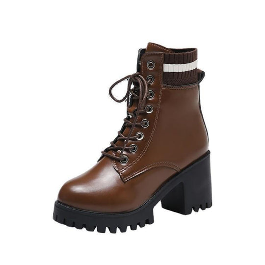 Damen Schnürstiefel mit robustem Blockabsatz und elastischem Strickkragen EB