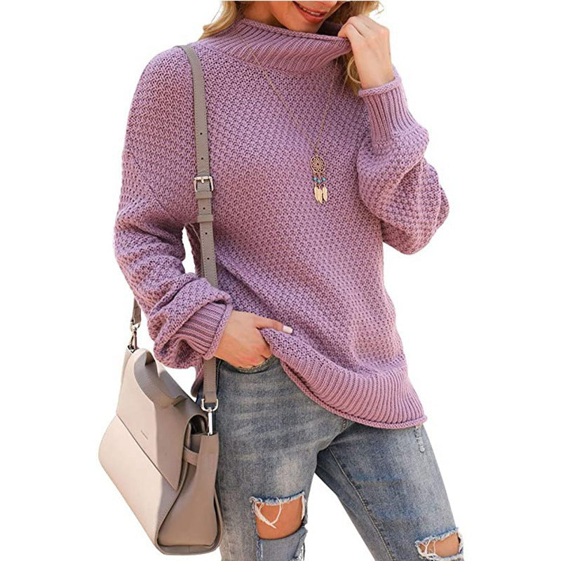 Damen Grobstrickpullover mit hohem Kragen und bequemen Ärmeln EB