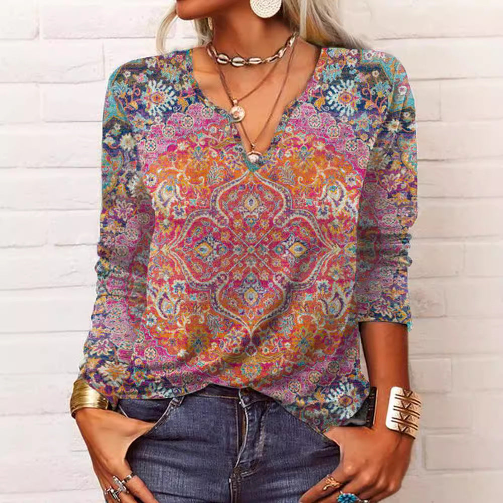 Damen Boho-Print V-Ausschnitt Tunika-Shirt EB