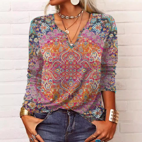 Damen Boho-Print V-Ausschnitt Tunika-Shirt EB