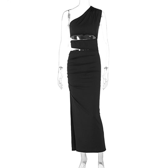 Damen asymmetrisches Maxikleid mit Rüschen und hohem Seitenschlitz EB