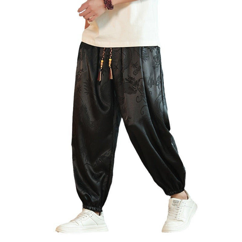 Herren nan weite Jacquard-Satin-Haremshose mit Tunnelzug, elastischen Bündchen und traditionellem Drachenmotiv EB