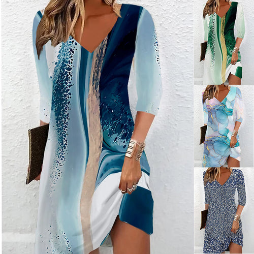 Damen V-Ausschnitt Kleid mit modernem Aquarellmuster EB