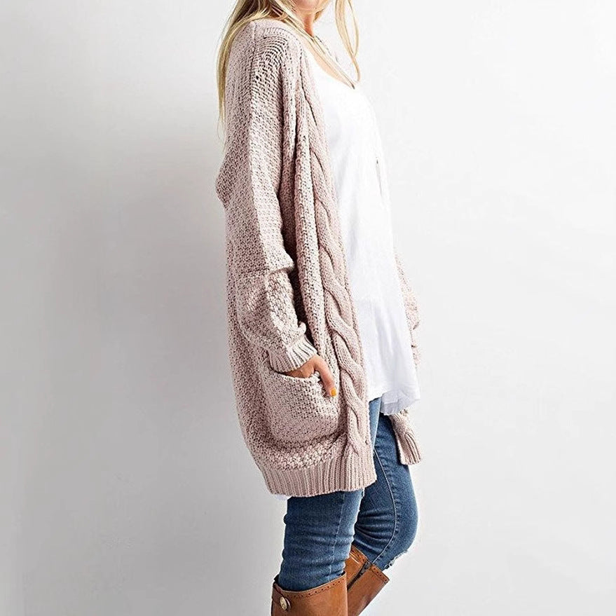 Damen gemütlicher Strickcardigan mit offener Front und Taschen EB