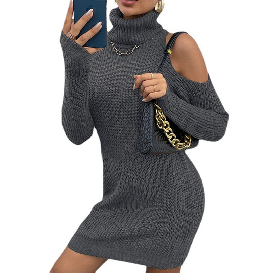 Damen Strickkleid mit schickem Rollkragen und offenen Schultern EB