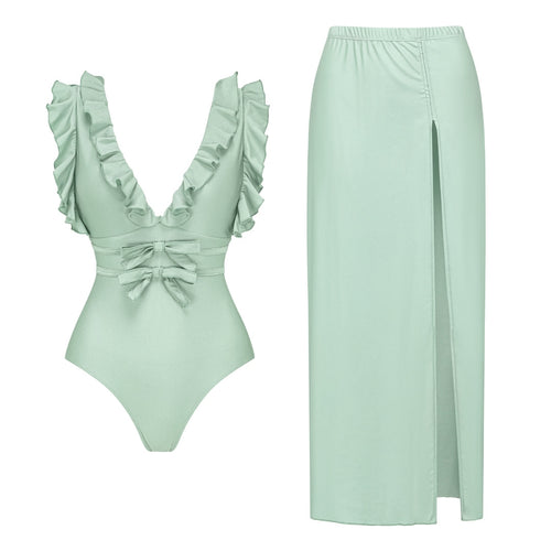Damen Badeanzug mit voluminösen Rüschen und elegantem Maxirock EB