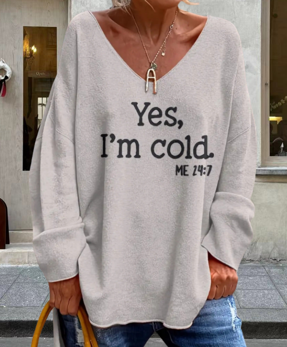 Damen Oversized Pullover mit modernem V-Ausschnitt und aufgedrucktem Statement EB