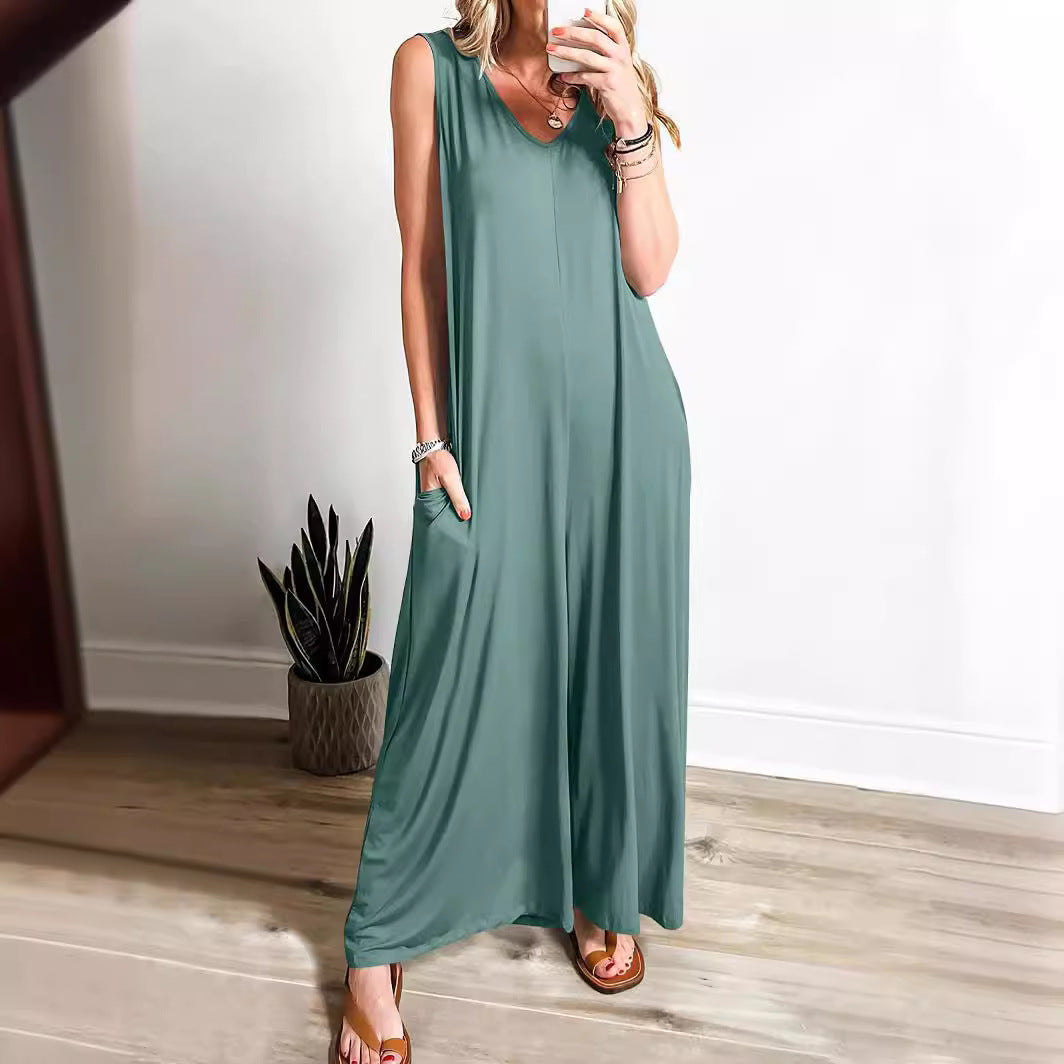 Damen Lockerer Jumpsuit mit tiefem V-Ausschnitt und seitlichen Taschen EB