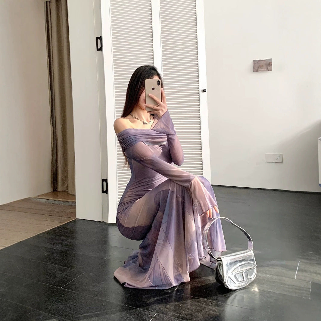 Damen elegantes Wickelkleid mit schulterfreiem Design und ausdrucksstarkem Material EB