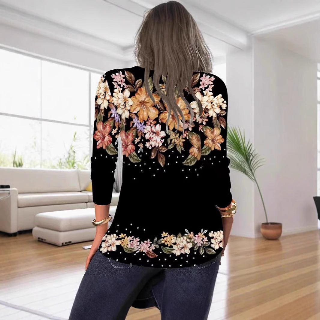 Damen Bluse mit floralen Mustern und V-Ausschnitt EB