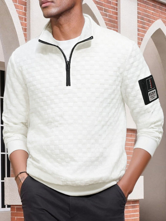 Herren nan strukturierter Stehkragen-Halbzip-Pullover mit Karosteppung, elastischen Bündchen und Ärmel-Patch EB