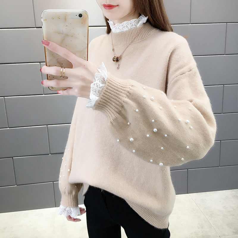 Damen trendiger Strickpullover mit Perlendetails und voluminösen Ärmeln EB
