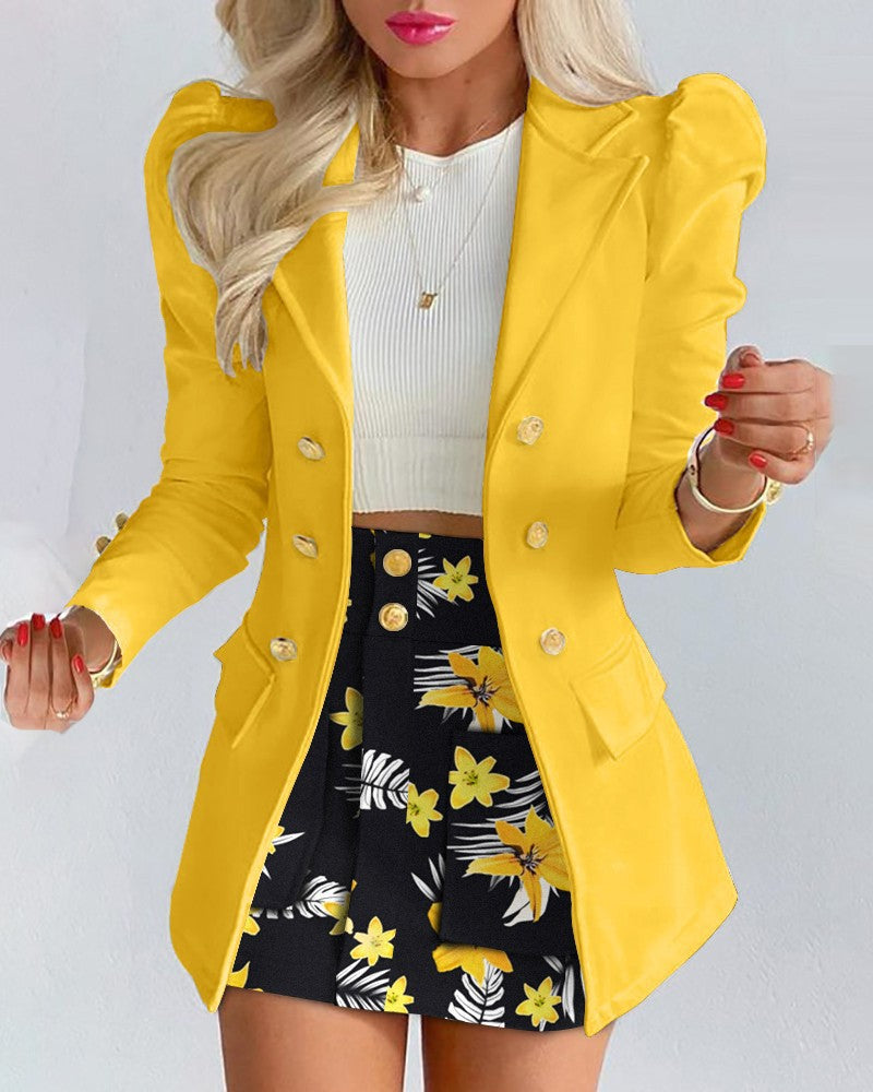 Damen Zweiteiliges karriertes Blazer- und Minirock-Set mit betonten Puffärmeln und goldenen Knöpfen EB