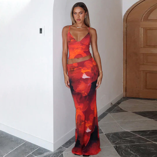 Damen Elegantes Maxikleid mit floralem Muster und Spaghetti-Trägern EB