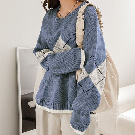 Damen stilvoller Pullover mit modernem Rautenmuster und verspielten Rüschendetails EB