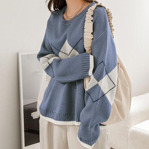 Damen stilvoller Pullover mit modernem Rautenmuster und verspielten Rüschendetails EB