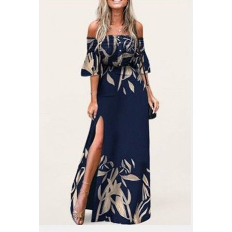 Damen Maxikleid mit schulterfreiem Design und elegante Blumendruckdetails EB