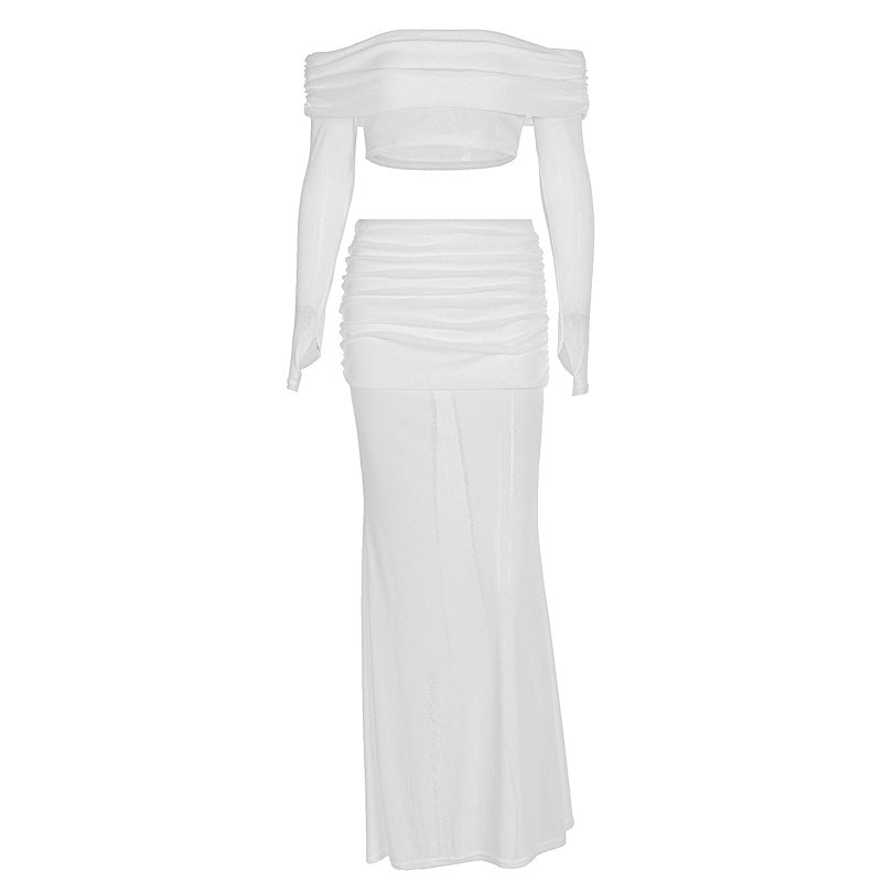Damen Off-Shoulder Maxi-Kleid mit gerafftem Oberteil und elegantem Rock EB