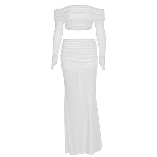 Damen Off-Shoulder Maxi-Kleid mit gerafftem Oberteil und elegantem Rock EB