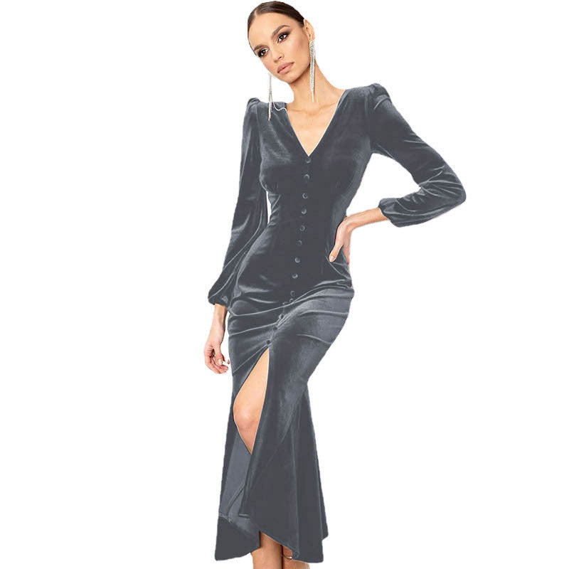 Damen Samt Maxikleid mit zentralem Knopfverschluss und seitlichem Schlitz EB