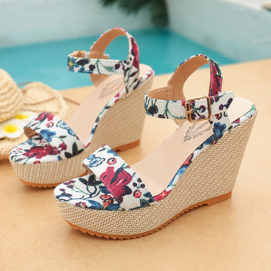 Damen Wedge-Sandalen mit floralem Design und verstellbarem Riemen EB
