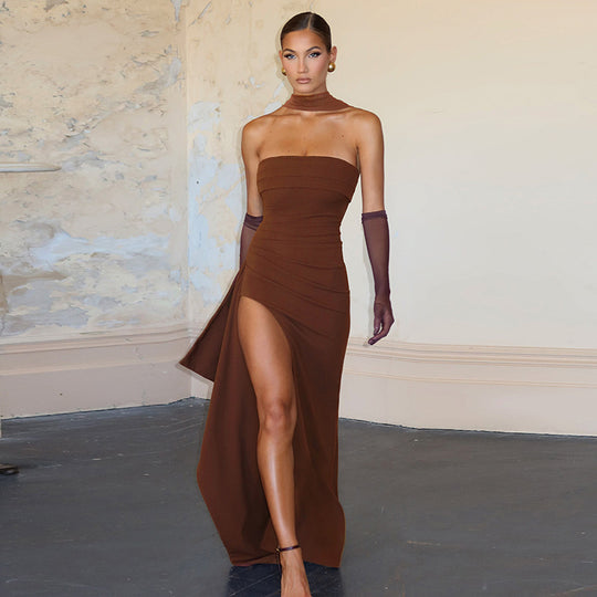 Damen Elegantes Wickelkleid mit hochgeschlossenem Design und kreativer Drapierung EB