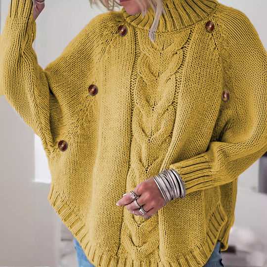 Damen Lockere Strickpullover mit hohem Kragen und dekorativen Knöpfen EB