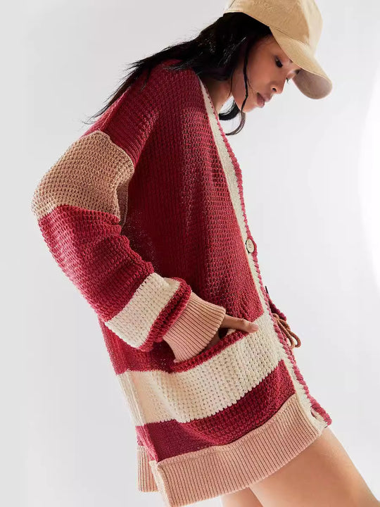 Damen lässiger Strickcardigan mit großen Taschen und stilvollen Kontraststreifen EB