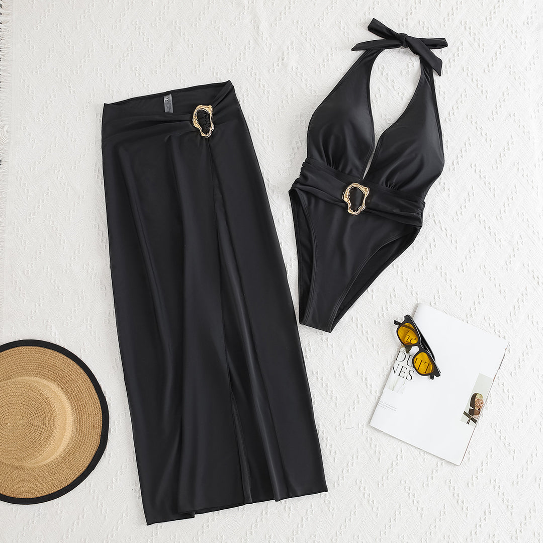 Damen Badeanzug mit elegantem Wickeldesign und glamourösem Gurt EB