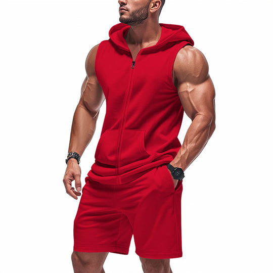 Herren nan sportliches Kapuzen-Set mit ärmelloser Sweatjacke, durchgehendem Reißverschluss und Trainingsshorts EB