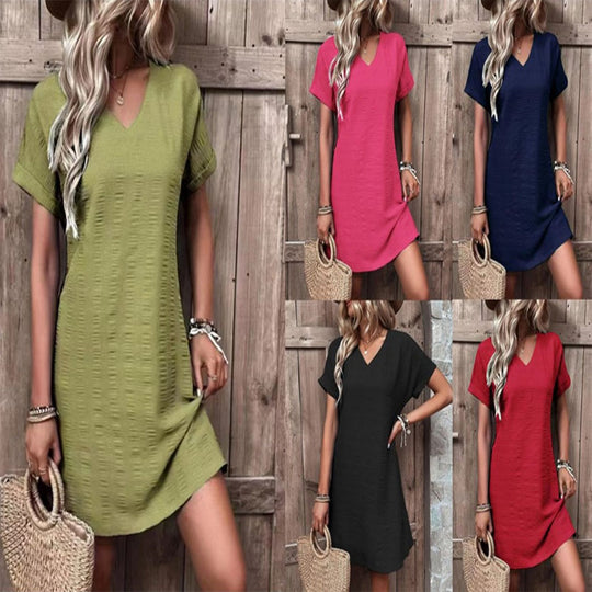 Damen V-ausschnitt Freizeitleinenkleid mit kurzen Ärmeln EB
