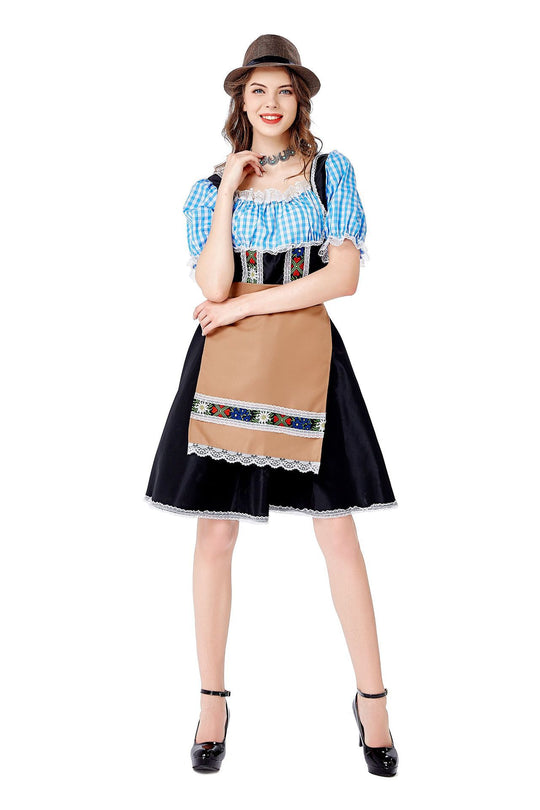 Damen nan folklorisches Oktoberfest-Kostüm im Dirndlstil mit Carmenbluse geschnürtem Mieder und bestickter Schürze EB