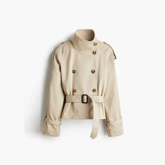 Damen trendige Kurzjacke im modernen Trenchcoat-Stil mit breitem Kragen und Taillengürtel EB