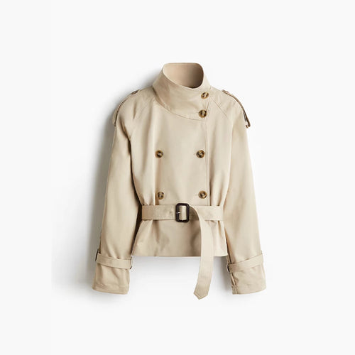 Damen trendige Kurzjacke im modernen Trenchcoat-Stil mit breitem Kragen und Taillengürtel EB