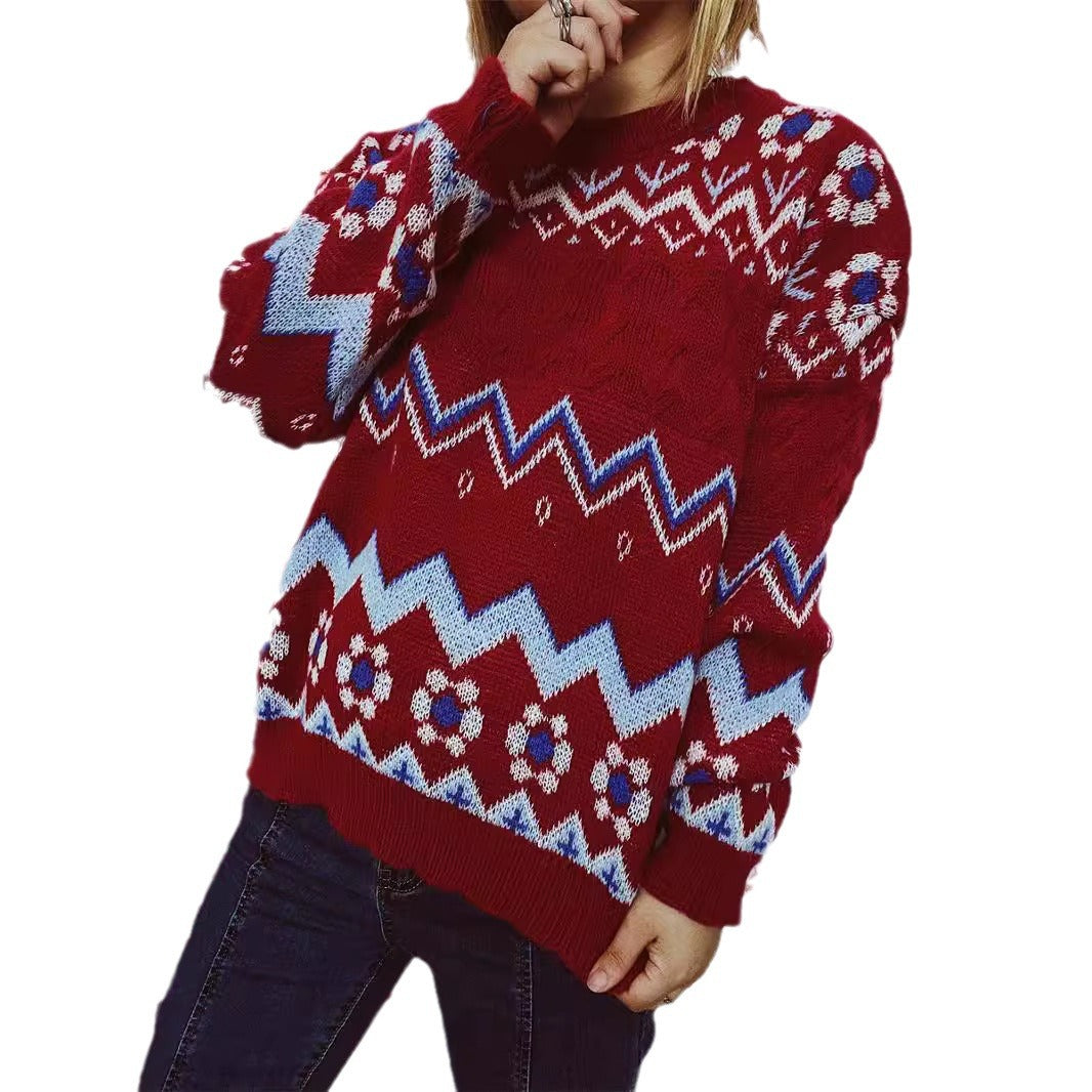 Damen festlicher Strickpullover mit nordischem Muster EB