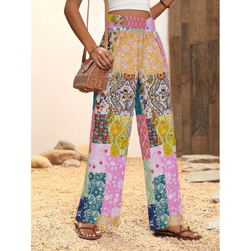 Damen Weite Blumenmuster-Hose mit elastischem Bund und hohem Taillenschnitt EB