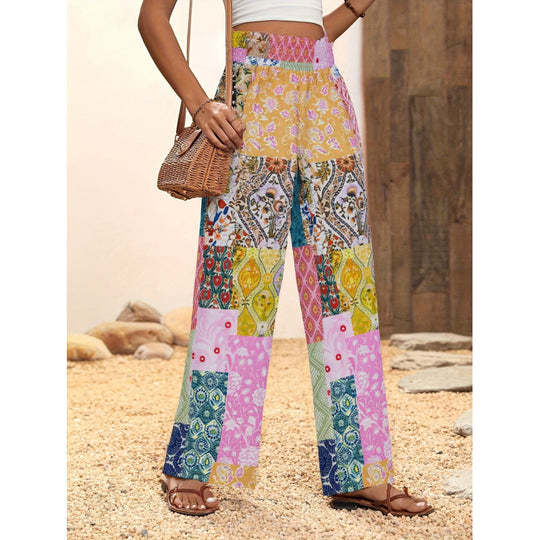 Damen Weite Blumenmuster-Hose mit elastischem Bund und hohem Taillenschnitt EB