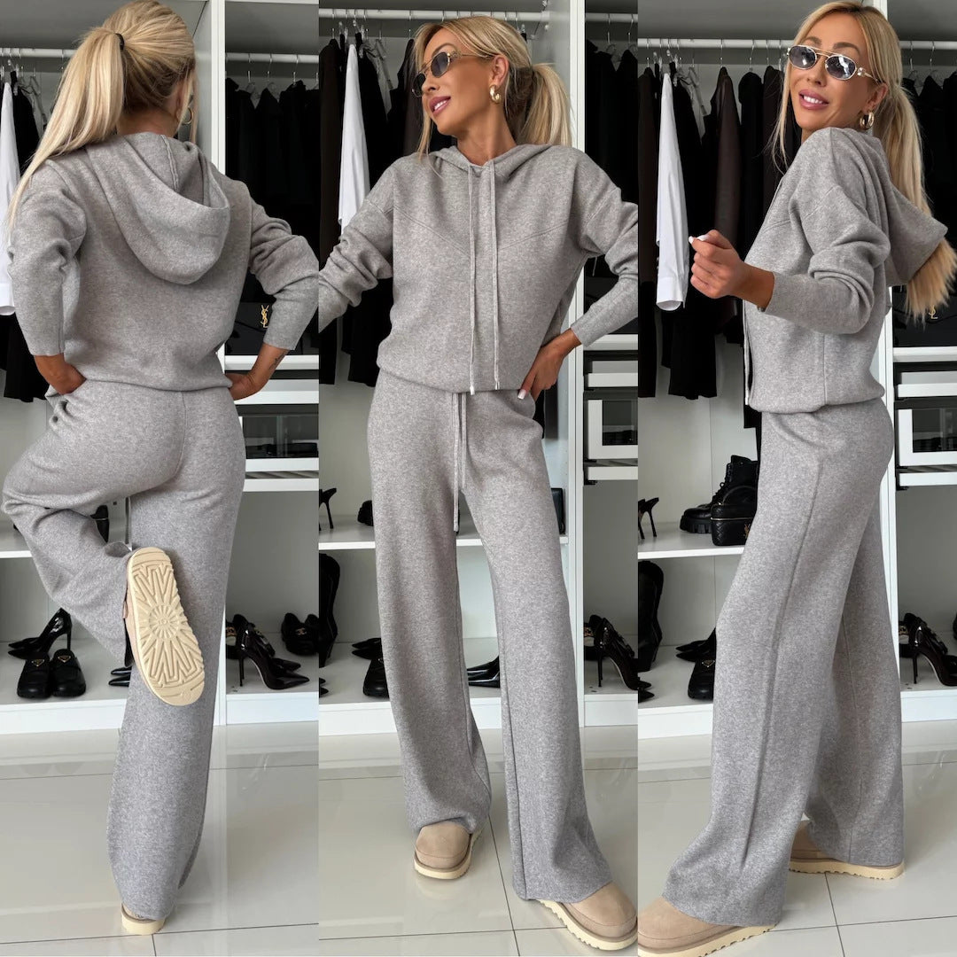 Damen nan luxuriöses Feinstrick-Loungewear-Set mit Kapuzenpullover, elastischem Komfortbund und fließendem Wide-Leg-Hosenbein EB