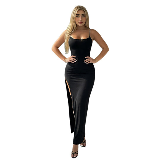 Damen Elegantes Maxikleid mit feinen Trägern und seitlichem Schlitz EB