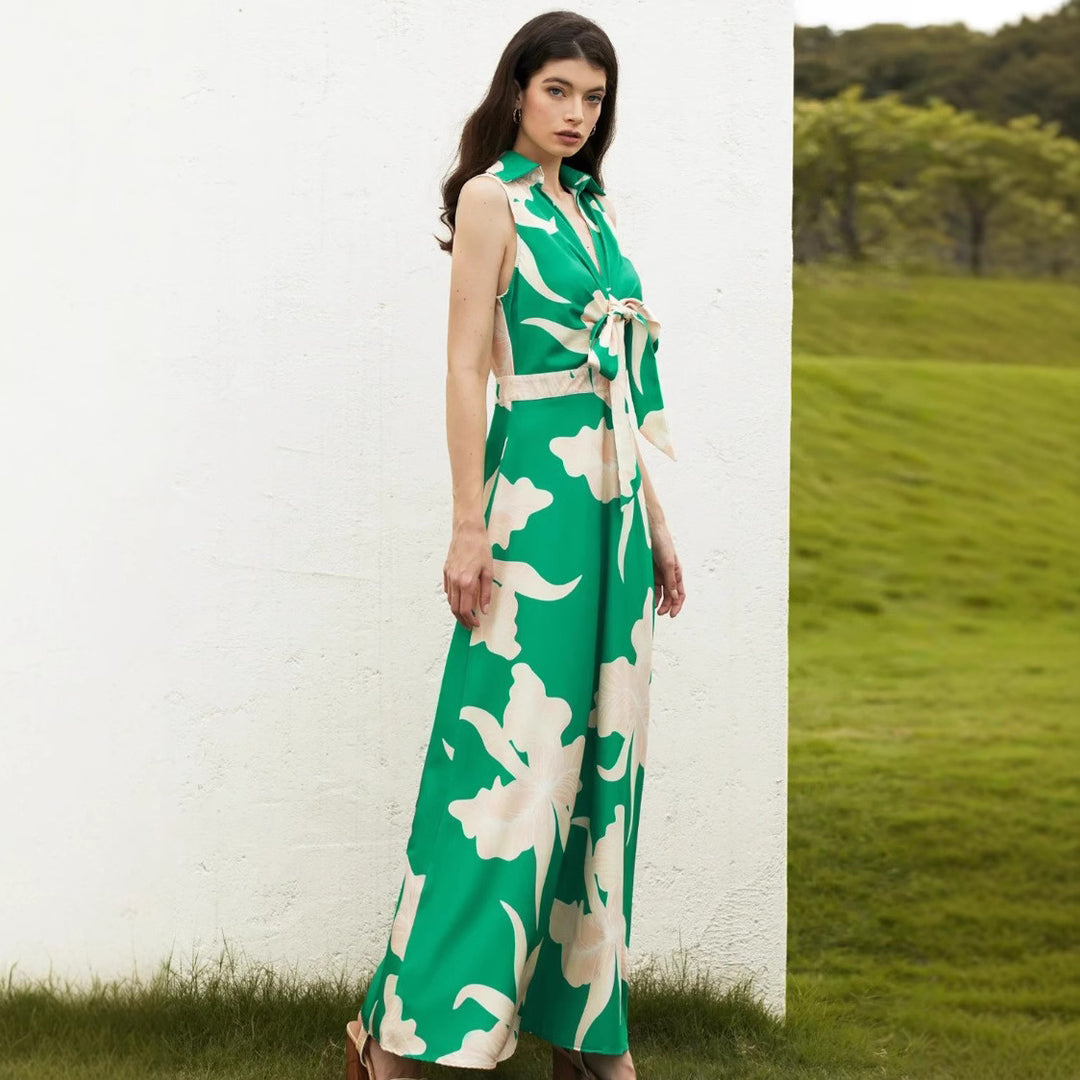 Damen Maxikleid mit dekorativem Bindegürtel und modischem Kragen EB