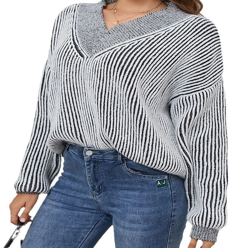 Damen lässiger V-Ausschnitt Pullover mit Streifenmuster EB