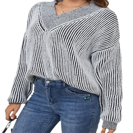 Damen lässiger V-Ausschnitt Pullover mit Streifenmuster EB