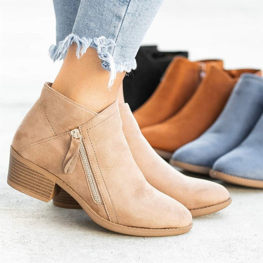 Damen Ankle-Boots aus Velourslederoptik mit seitlichem Zipper und mittelhohem Blockabsatz EB