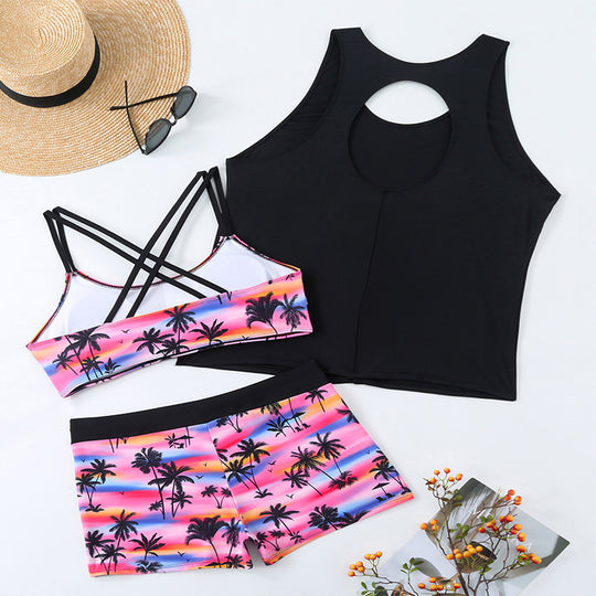 Damen Sportliches Bade-Set mit modischen Cut-Out und tropischem Motiv EB