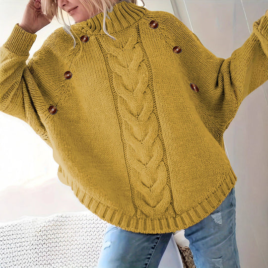 Damen Grobstrickpullover mit hochgeschlossenem Kragen und dekorativen Knöpfen EB